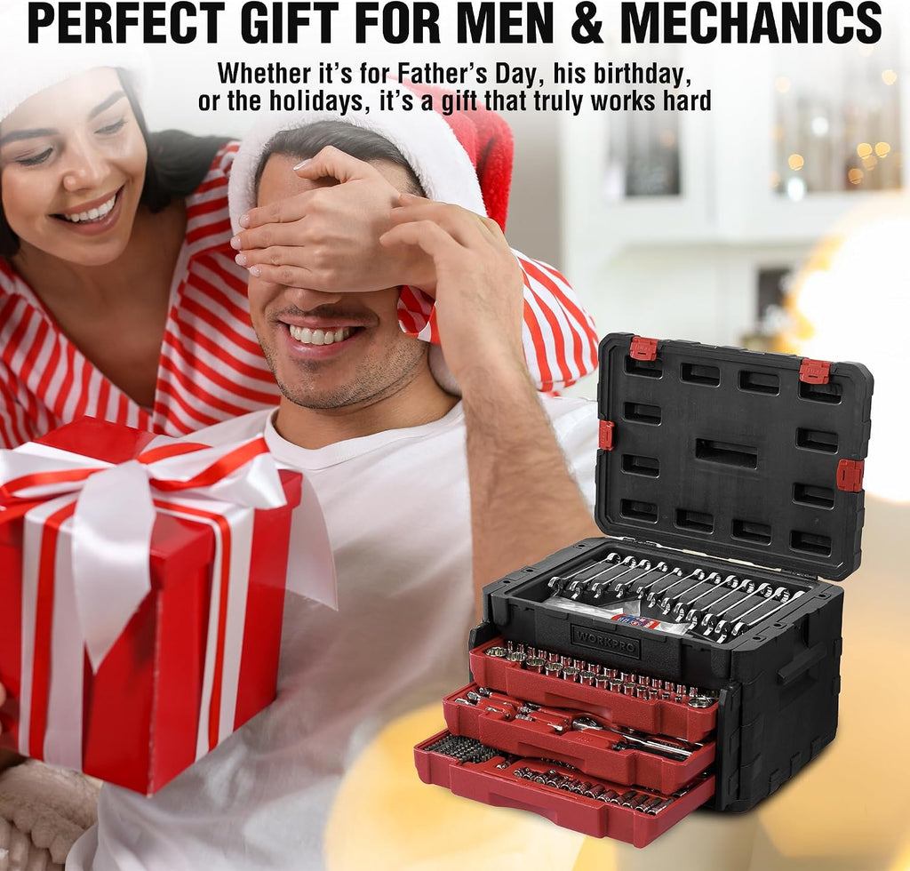 WORKPRO 450-Piece Drive Socket Set 1/2' 1/4' 3/8', CR-V Metric and Imperial with Quick-Release Ratchet Wrench, Spanners, Bits Set, Mechanics Tool for Car Repair
