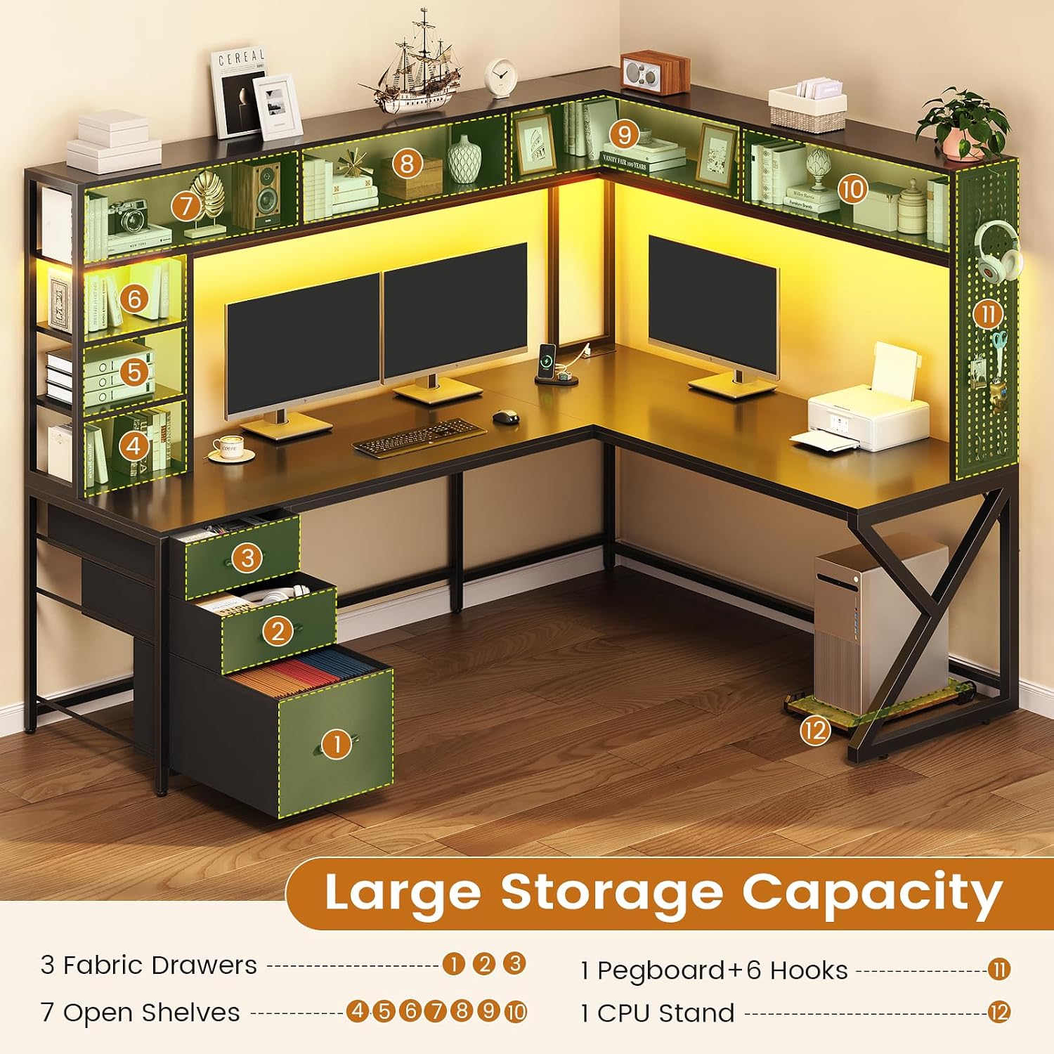 SEDETA L Shaped Gaming Desk with Storage Shelves and Hutch, Convertible 94.5' Computer Desk with Drawers, Corner Computer Desk with Power Outlet, LED Lights, Pegboard for Home Office, Black