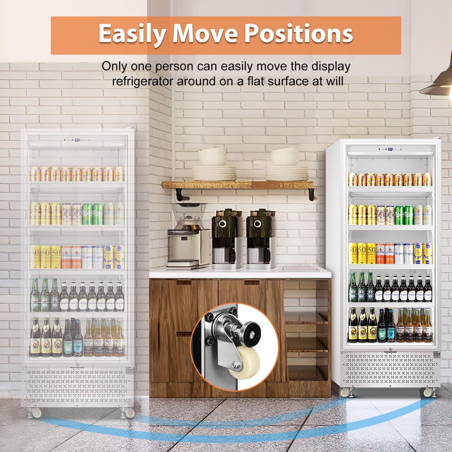 Tylza Commercial Refrigerator with Glass Door Display Beverage Fridge, 14.8 Cu Ft Upright Beverage Cooler Merchandiser with Rebound Door, Low Noise, Fast Cooling, White
