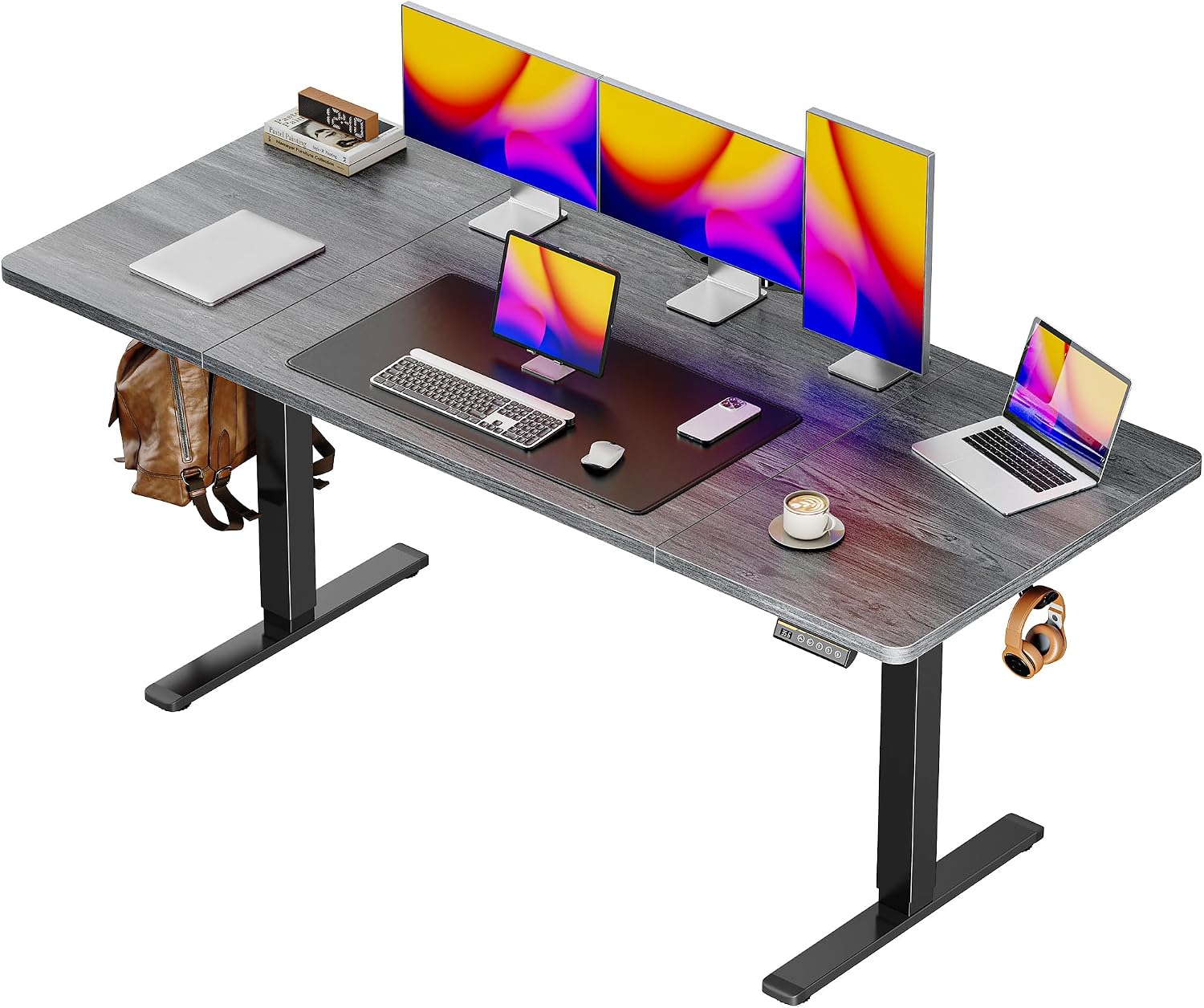Huuger 63 x 28 Large Electric Standing Desk, Height Adjustable Computer Desk, 27.6' Deep Desktop, Stand up Gaming Office Table with 2 Hooks, 3 Preset Heights, for Home Office, Grey