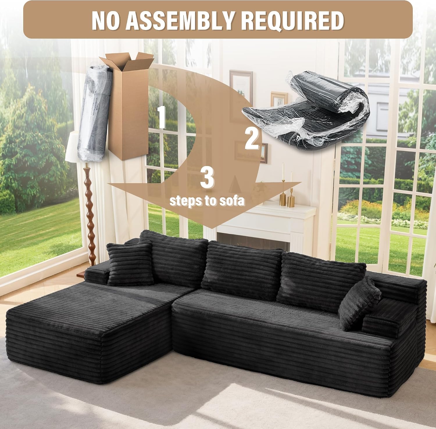 Hobestluk Modular Sectional Sofa Couches L-Shape Couch 3 Seat Modular Sofa Memory Foam Sectional Couches for Living Room, Cloud Couch with Oversized Chaise (Left Facing)