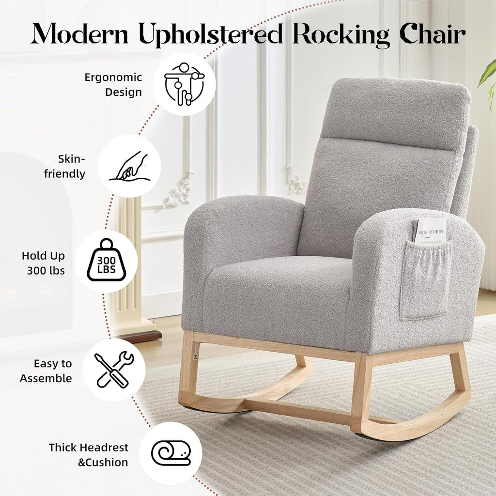 Nursery Glider Rocking Chair with 2 Side Pockets - Solid Wood Legs, Cozy Armchair for Baby Room, Living Room, Bedroom, Comfortable Nursery Essential(Light Gray)
