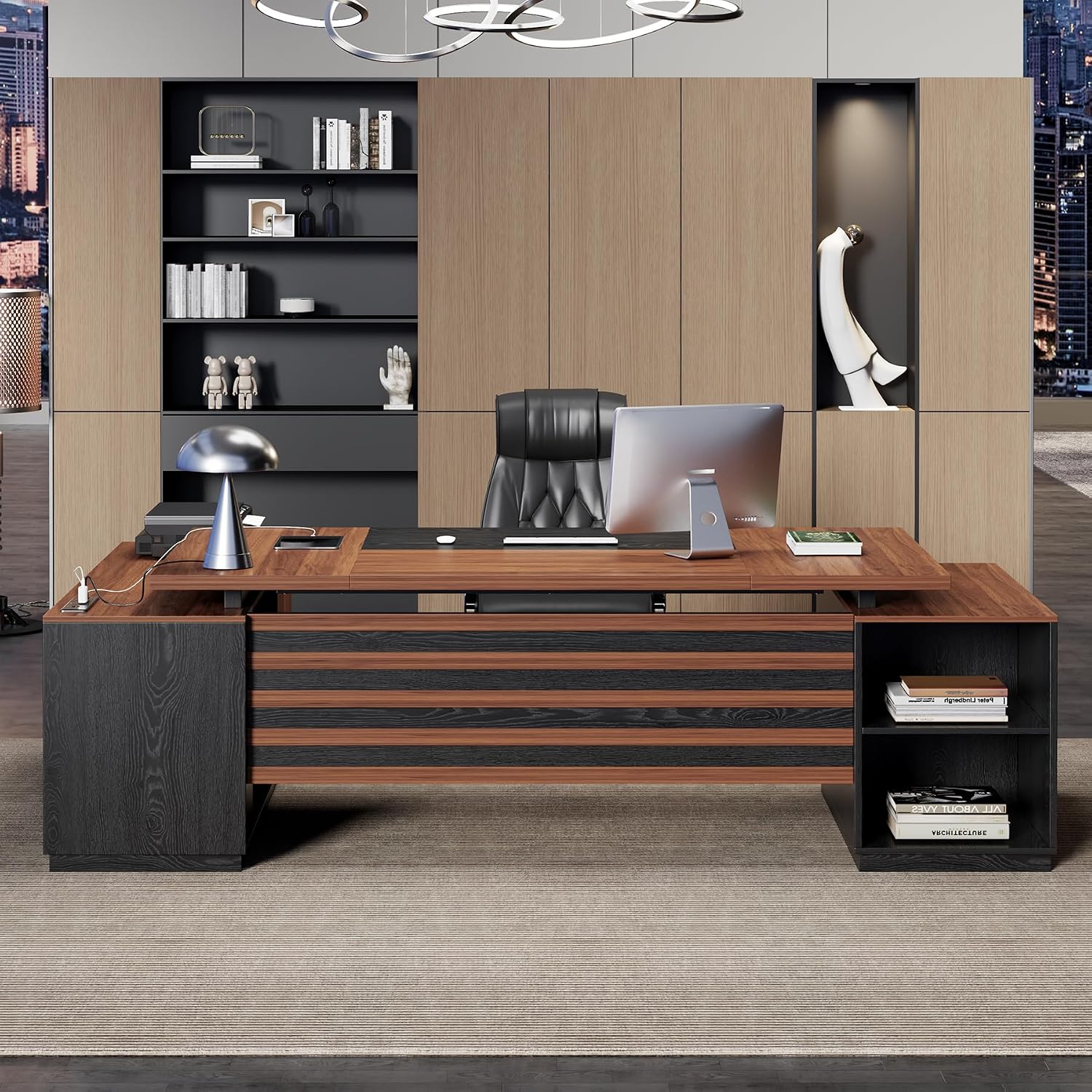 Epecoya Executive L-Shaped Desk with Storage Cabinet, 78-Inch Large Home Office Desks with Power Outlet and Lateral File Cabinet, Modern Computer Desk with Drawers and Open Shelf, Brown Black