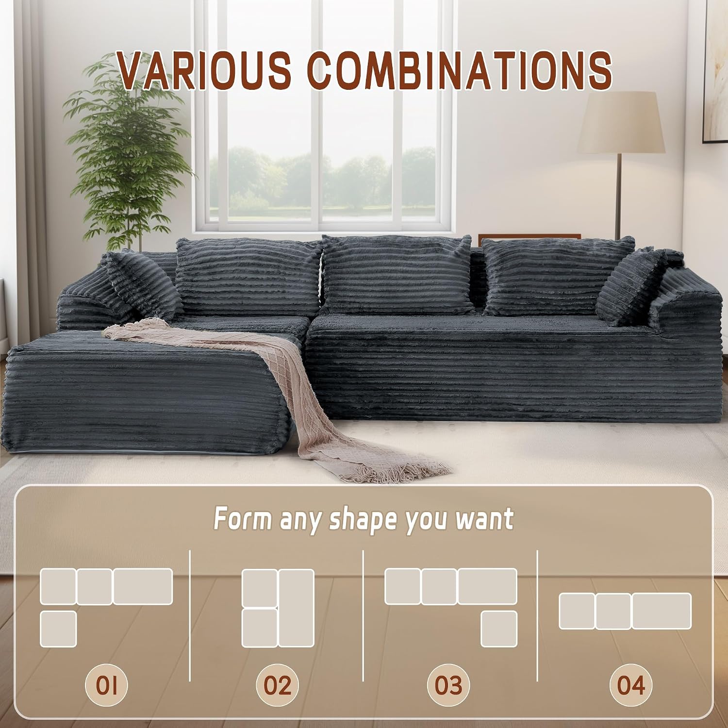 Korser 110' L-Shaped Modular Sectional Sofa with Chaise, Boneless Comfy Corduroy Fluffy Couch with Deep Seat and Side Pockets, Flexible Module Combination for Living Room, No Assembly, Side Pockets