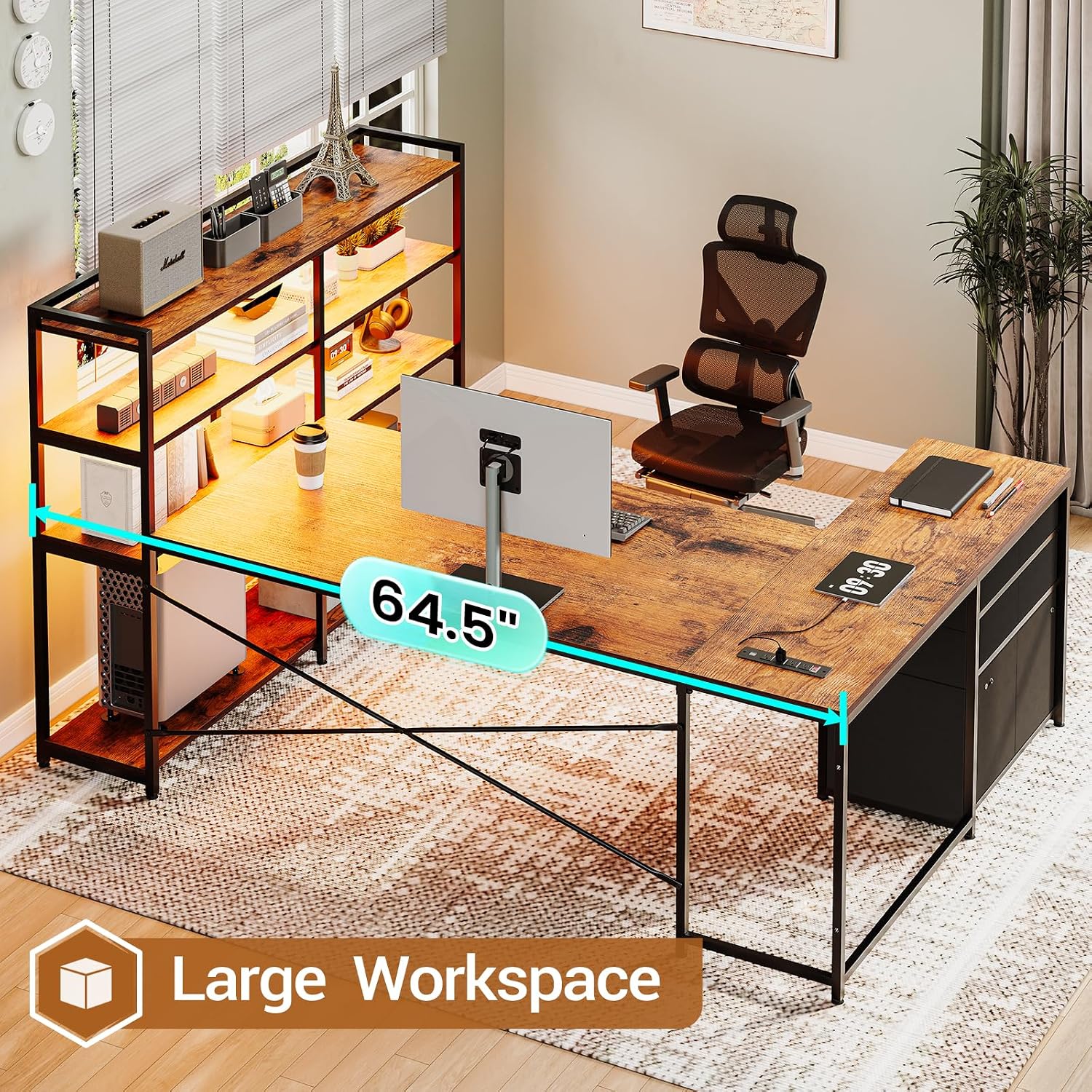SEDETA L Shaped Desk with Storage Shelves, 64.5' Reversible U Shaped Office Desk with 3 Fabric Drawers, Gaming Desk with Power Outlet & LED Strip for Home Office, Rustic Brown