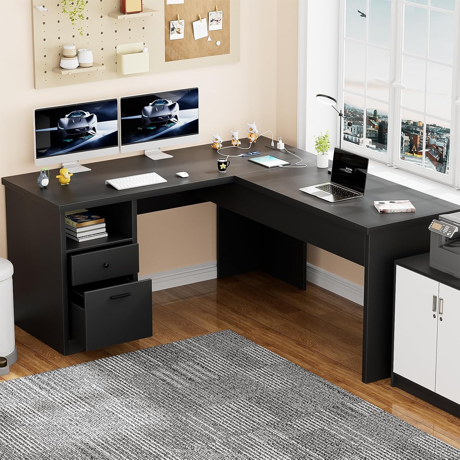 Unikito L Shaped Desk with Lift Top and Drawers, Large Office Desk with Power Outlets and USB Charging Ports, Sturdy Corner Computer Desk Writing Table with Storage, L Shape Standing Desk, Black
