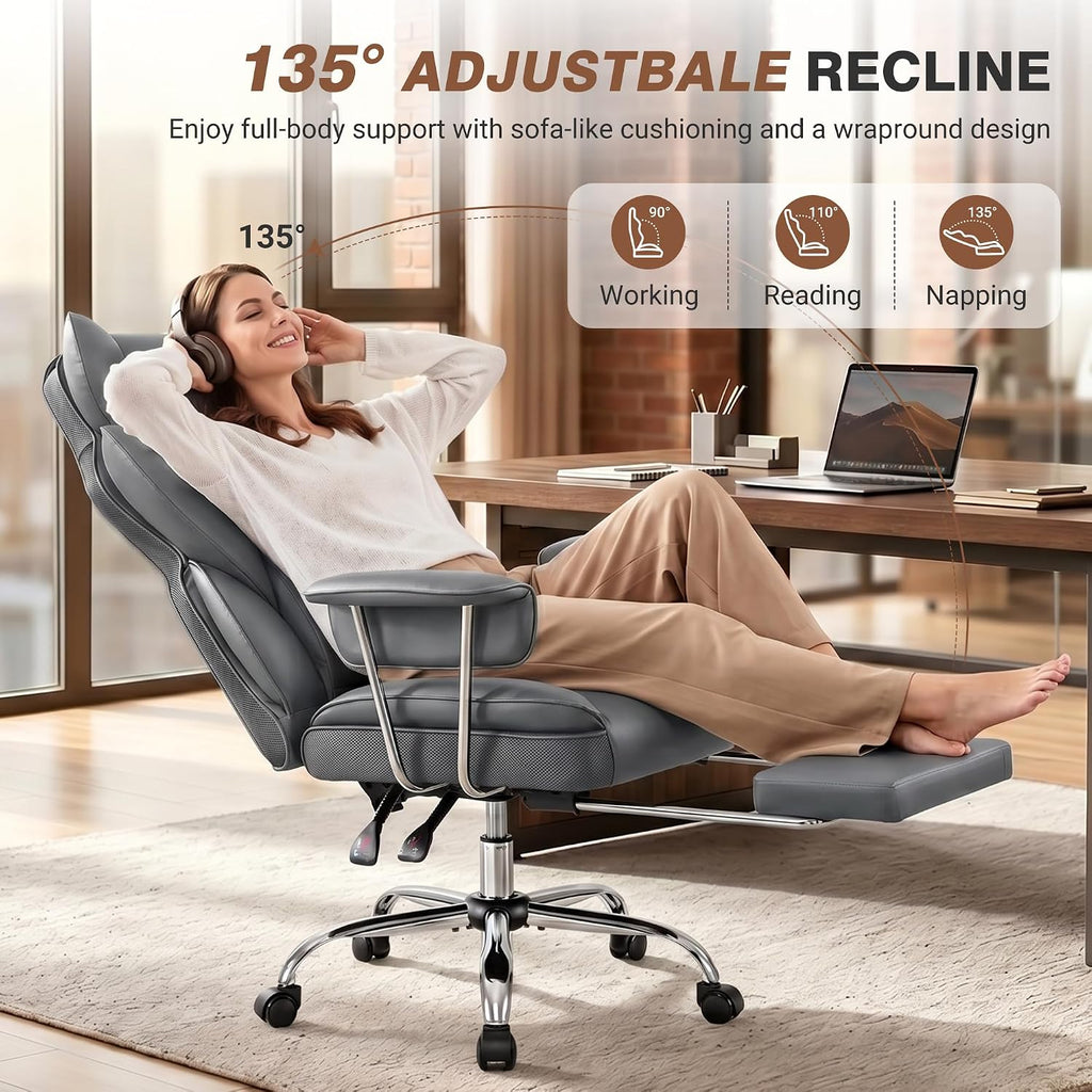 ALLGOD Office Chair Comfy, Big and Tall Executive Leather Chair, High Back Ergonomic Wide Chair with Footrest, Reclining Computer Desk Chair, Heavy Duty Gaming Chair with Padded Arm and Pillow, Grey