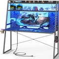 Besiost Gaming Desk with Hutch and LED Lights, Gaming Computer Desk with Power Outlets, Gamer Desk with Storage Shelves, PC Game Desks with Pegboards, for Bedroom, Carbon Fiber Black, 49'