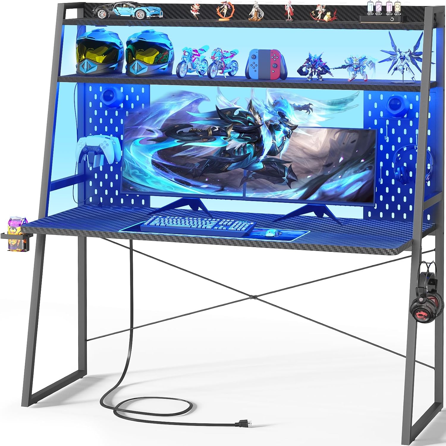 Besiost Gaming Desk with Hutch and LED Lights, Gaming Computer Desk with Power Outlets, Gamer Desk with Storage Shelves, PC Game Desks with Pegboards, for Bedroom, Carbon Fiber Black, 49'