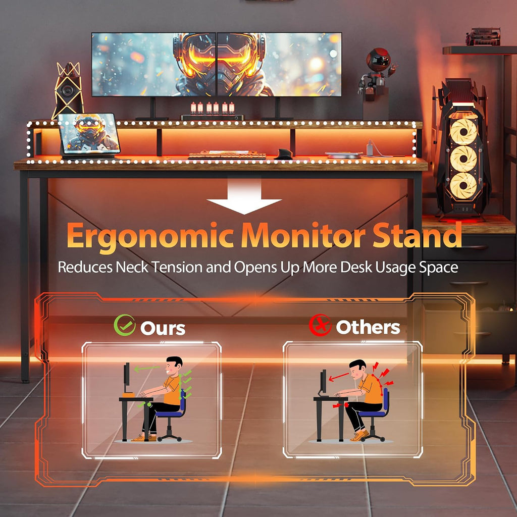 Mericonia Gaming Desk with Power Outlets & LED Lights, Reversible Computer Desk with PC Case Stand, Fabric Drawers, Modern Office Desk with Shelves, Monitor Stand
