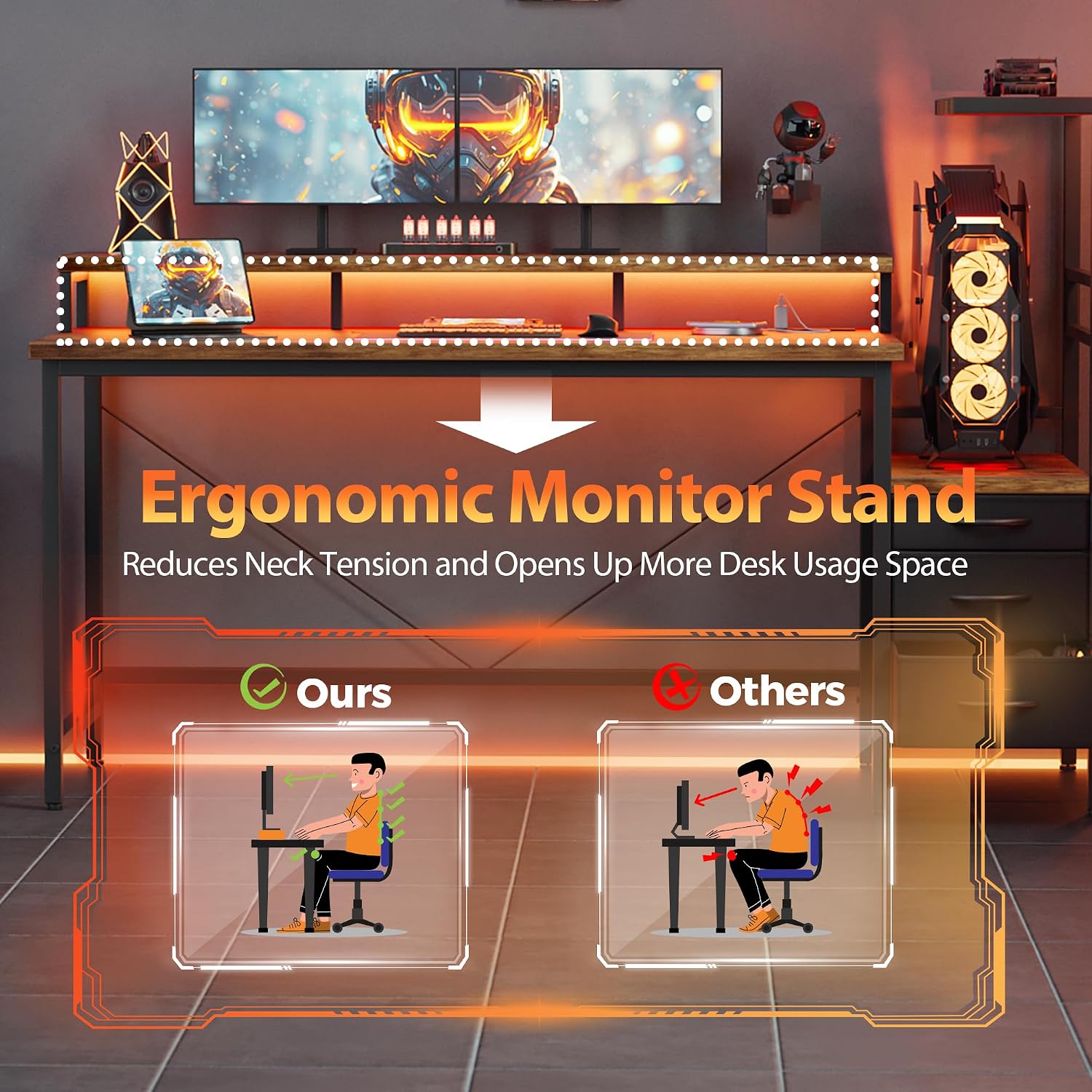 Mericonia Gaming Desk with Power Outlets & LED Lights, Reversible Computer Desk with PC Case Stand, Fabric Drawers, Modern Office Desk with Shelves, Monitor Stand