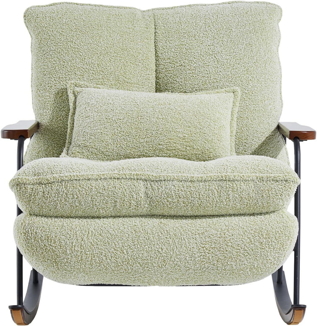 zyz Nursery Rocking Chair with Pillow, Teddy Upholstered Oversized Accent Chair Rocker Recliner, Solid Wood Frame, DIY Ottoman Footrest, Lazy Sofa for Living Room Bedroom (Teddy, Light Green)