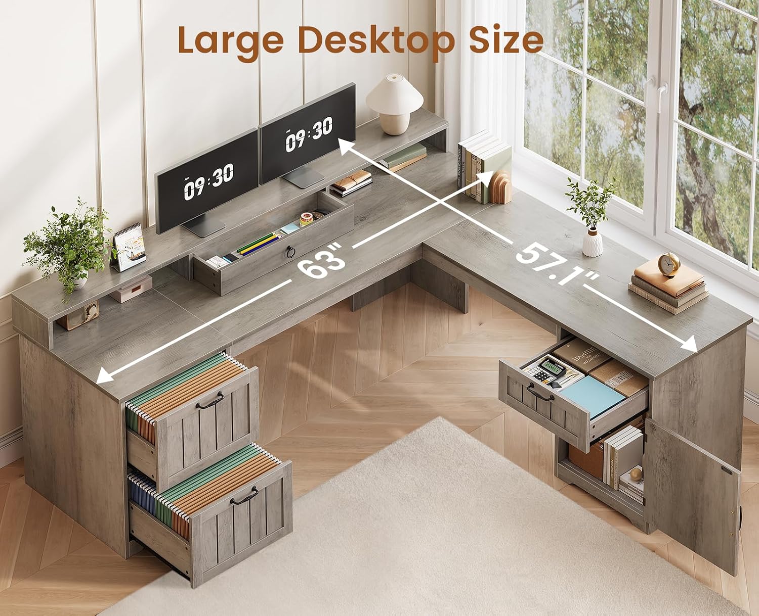 SEDETA 63' L Shaped Desk with Drawers, Farmhouse Corner Computer Desk, Wood Office Desk with File Drawers with Storage, Executive Desk with Monitor Stand and Storage Cabinet, Grey