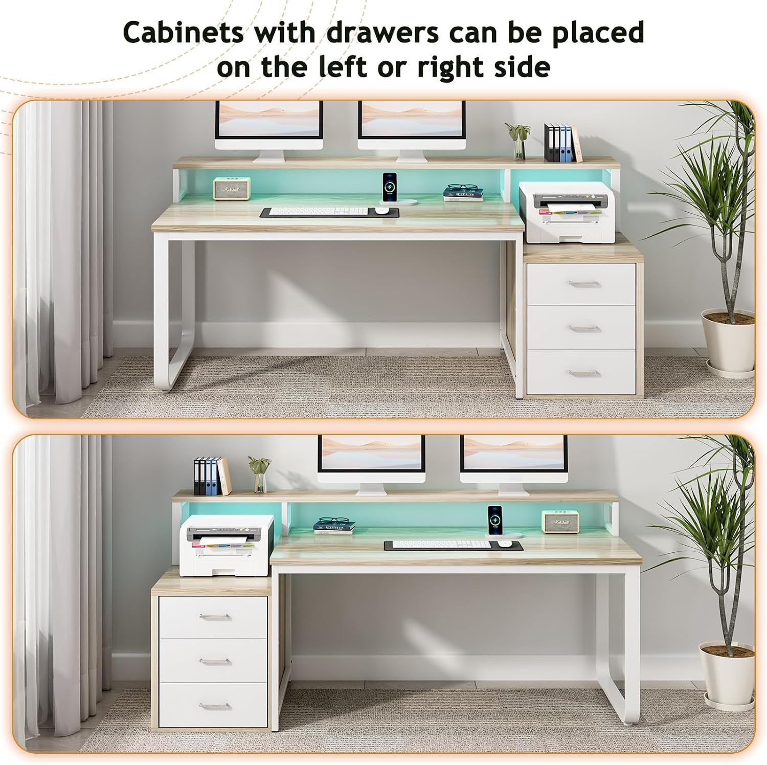 HOMBCK 67' Computer Desk with 3 Drawers, Home Office Desk with Long Monitor Stand and Printer Space, Office Desk with Storage & LED Lights, Writing Desk with Drawers, Walnut and White