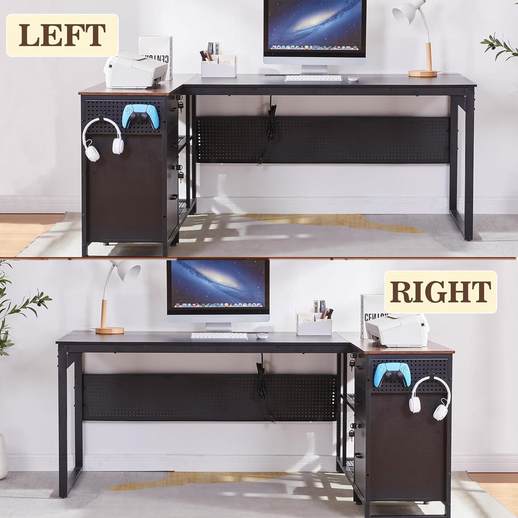 70 Inch Reversible L Shaped Desk with Drawers,Executive Desk with Power Outlet, Lockable File Drawer and Storage Shelves,L Shaped Office Desk with Pegboard,Large Corner Desk for Home Office (70.5')