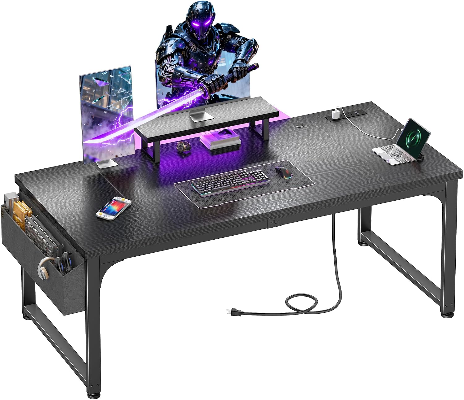 DurayLoly 63 Inch Gaming Desk with 0.95 Inch Thicker Desktop, Computer Desk with Power Outlets & Monitor Stand & LED Light & Storage Bag, Office Writing Desk for Home Office, Study, Bedroom, Black