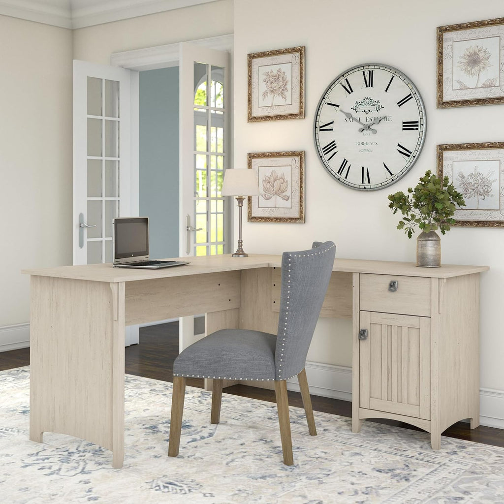 Bush Home L Shaped Desk with Storage for Home Office, Modern Farmhouse Corner Table with Drawers and Cabinets, Salinas Collection, Antique White