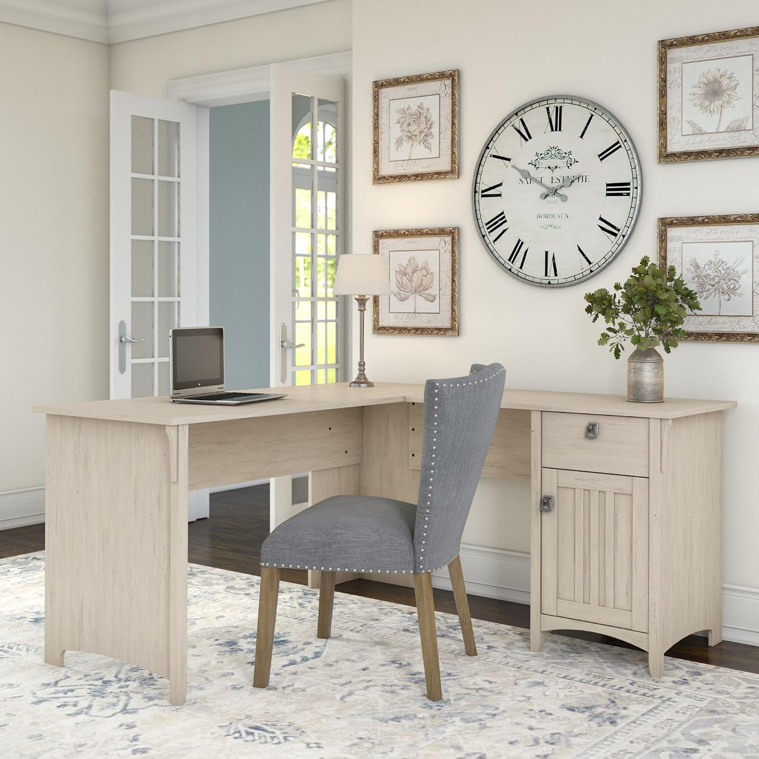 Bush Home L Shaped Desk with Storage for Home Office, Modern Farmhouse Corner Table with Drawers and Cabinets, Salinas Collection, Antique White