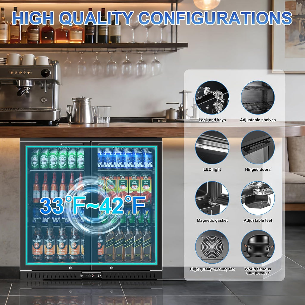 Back Bar Cooler, 7.4 Cu.ft Under Counter Beverage Refrigerator with 2 Glass Doors, LED Lighting, Adjustable Shelves, Beer Wine Soda Drink Fridge for Home Bar, Restaurant, ETL Approved