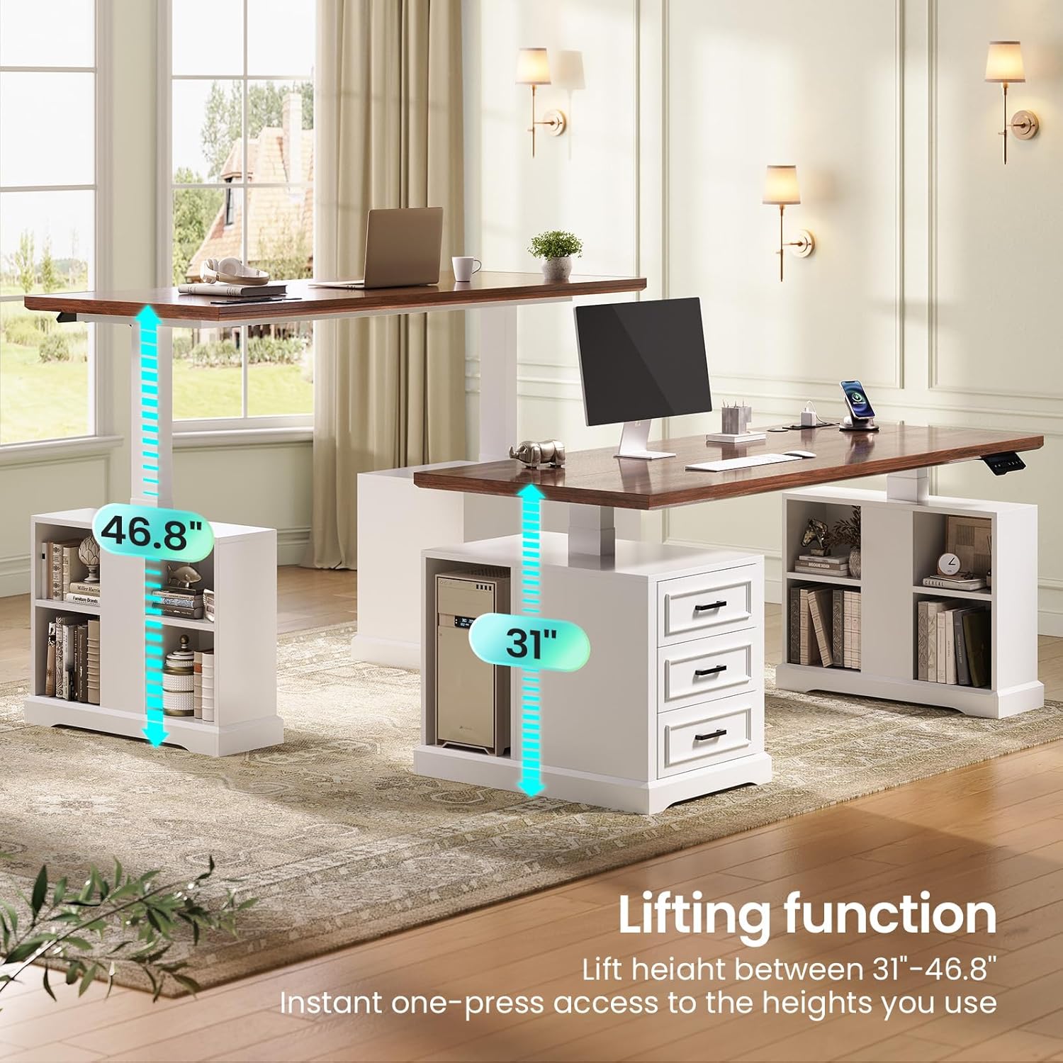 SEDETA Farmhouse Electric Standing Desk, 63' Height Adjustable Computer Desk with 3 Drawers, Storage Shelves, Power Outlets, Wood Home Office Stand up Desk for Work, Study, Writing, White