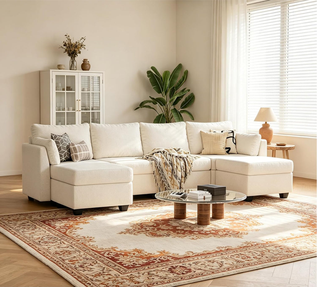 Huatean Home 114.17' Modular Sectional Sofa, 6 Seat Modular Couch with Storage, Memory Foam, Convertible Sectional Couches for Living Room, U Shaped Comfy Modular Sofa with Chaise, Beige