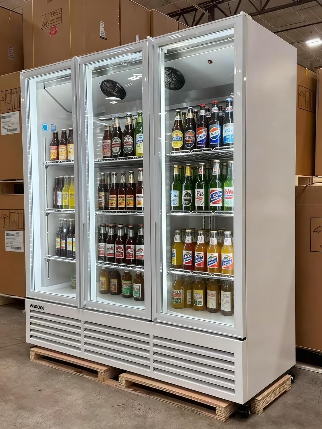 71' Wide Commercial Beverage Refrigerator Display Fridge, Three Glass Door Merchandiser Drink Cooler With LED Light 9 Adjustable Shelves,ETL Sanitation,64.5 Cu Ft,White,(Wheels Included)
