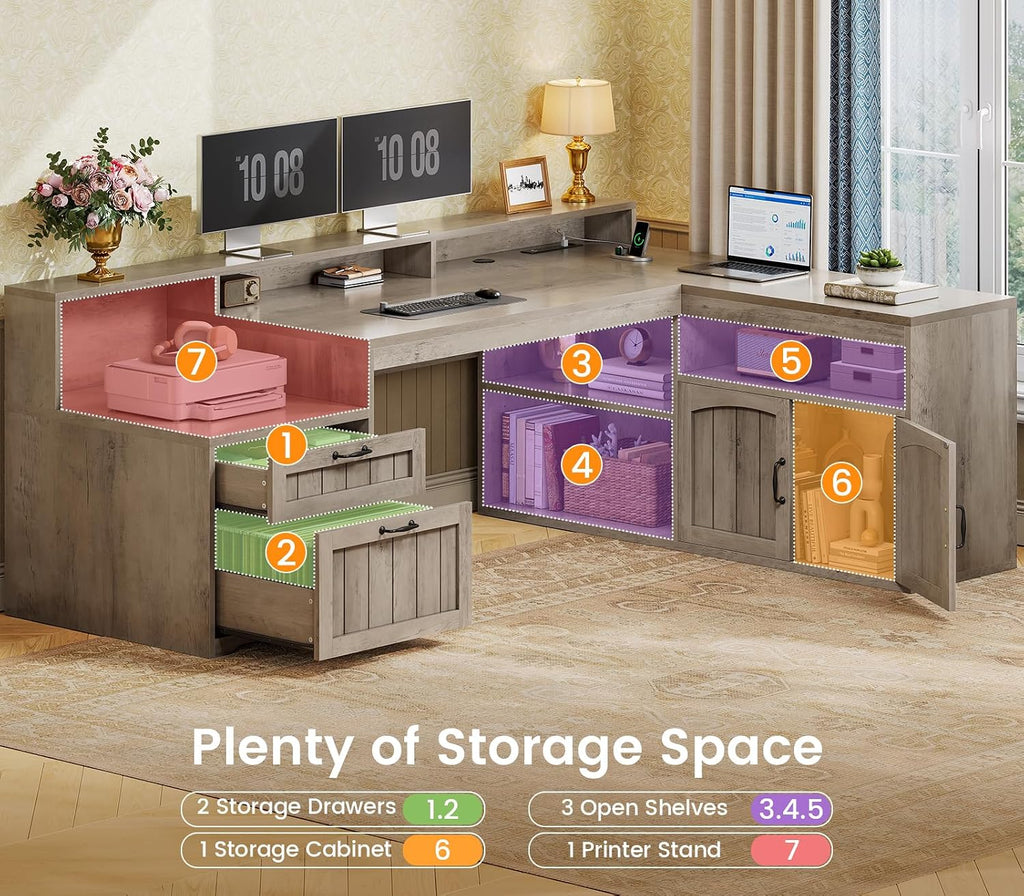 SEDETA Farmhouse L Shaped Desk with Drawers, 59' Office Desk with File Drawers, Wood Corner Computer Desk with Storage, Home Office Desks with Storage Cabinet and Monitor Stand, Grey