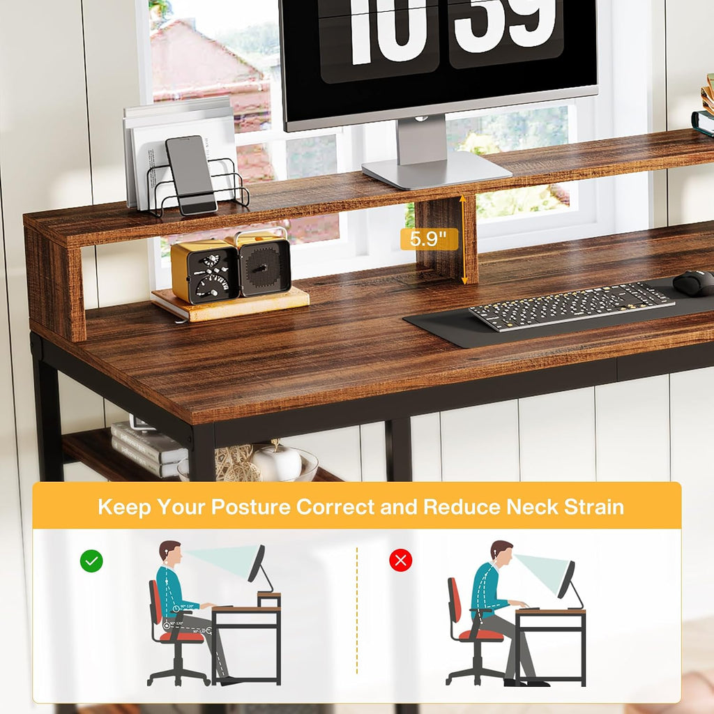 Tribesigns 78.74 Inches Extra Long Two-Person Desk, Double Computer Desk with Monitor Stand and Storage Shelves, Study Work Table for Home Office (Rustic Brown)