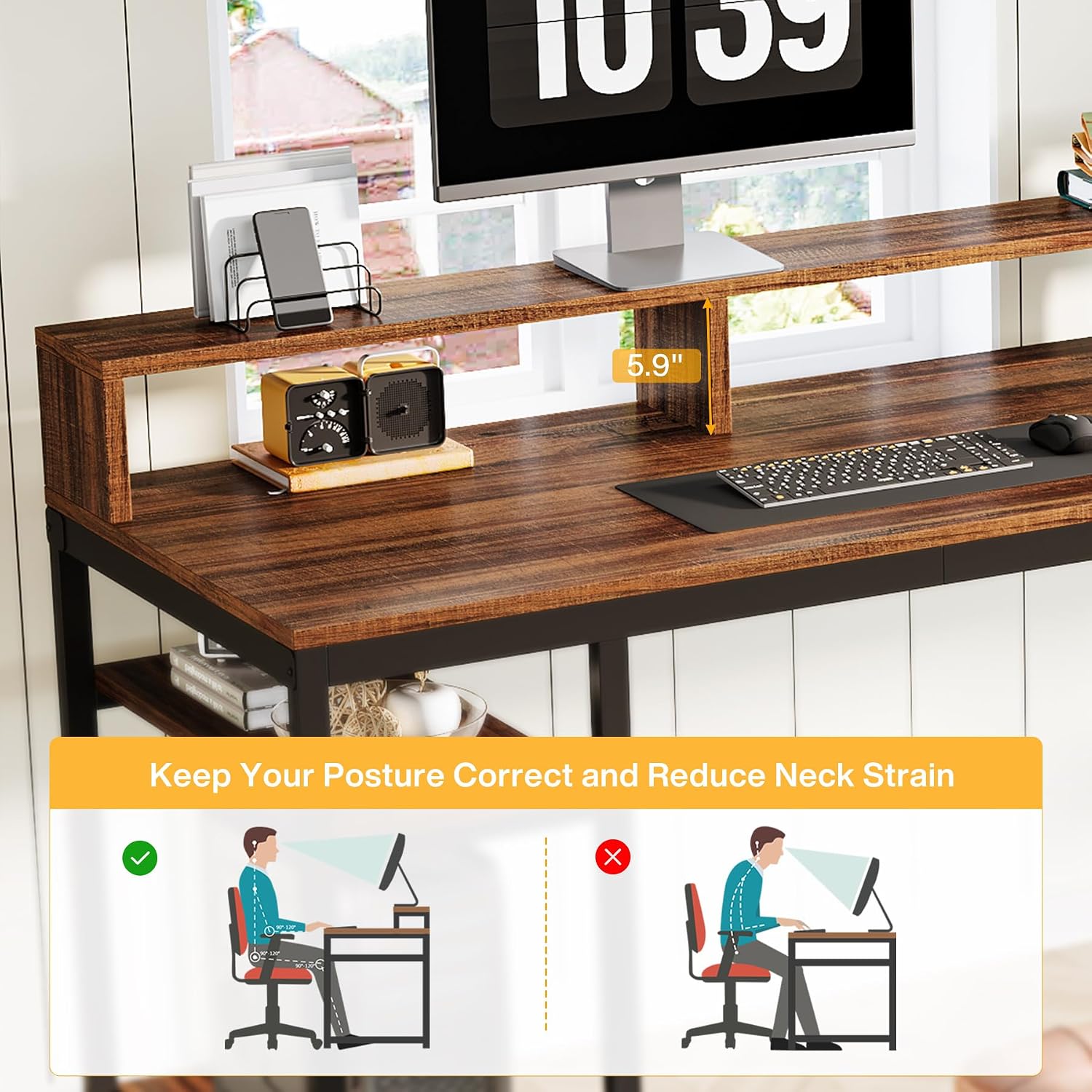 Tribesigns 78.74 Inches Extra Long Two-Person Desk, Double Computer Desk with Monitor Stand and Storage Shelves, Study Work Table for Home Office (Rustic Brown)