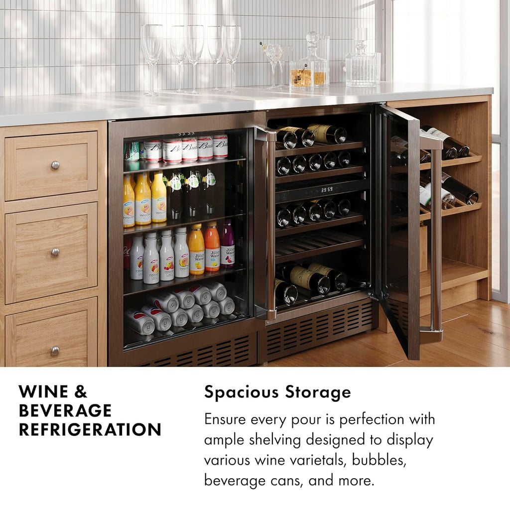 Z Line Kitchen and Bath ZLINE 24' Autograph Edition 154 Can Beverage Cooler Fridge with Adjustable Shelves in Stainless Steel with Champagne Bronze Accents (RBVZ-US-24-CB)