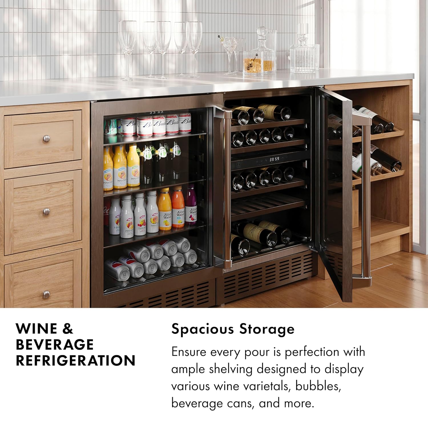 Z Line Kitchen and Bath ZLINE 24' Autograph Edition 154 Can Beverage Cooler Fridge with Adjustable Shelves in Stainless Steel with Champagne Bronze Accents (RBVZ-US-24-CB)