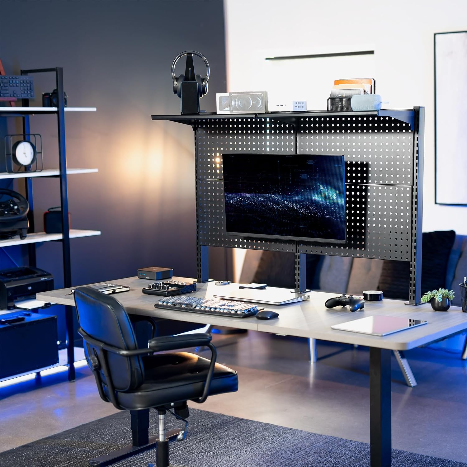 VIVO Steel Triple Clamp 47 x 31 inch Desk Pegboard System with 2 Monitor Mounts and Storage Shelf, Fits up to 32 inch Screens, Office Accessory Organizer, Black, PP-DK48SB