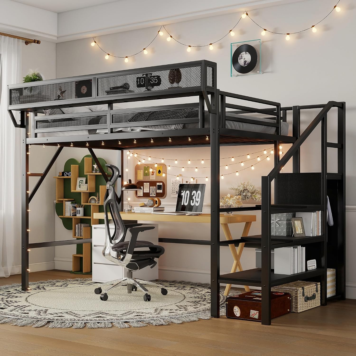 Twin XL Loft Bed with Stairs, Metal Loft Beds Frame with Storage Shelves and Wardrobe, Heavy Duty High Lofted Bed for Kids Teens,Black + Black Stair