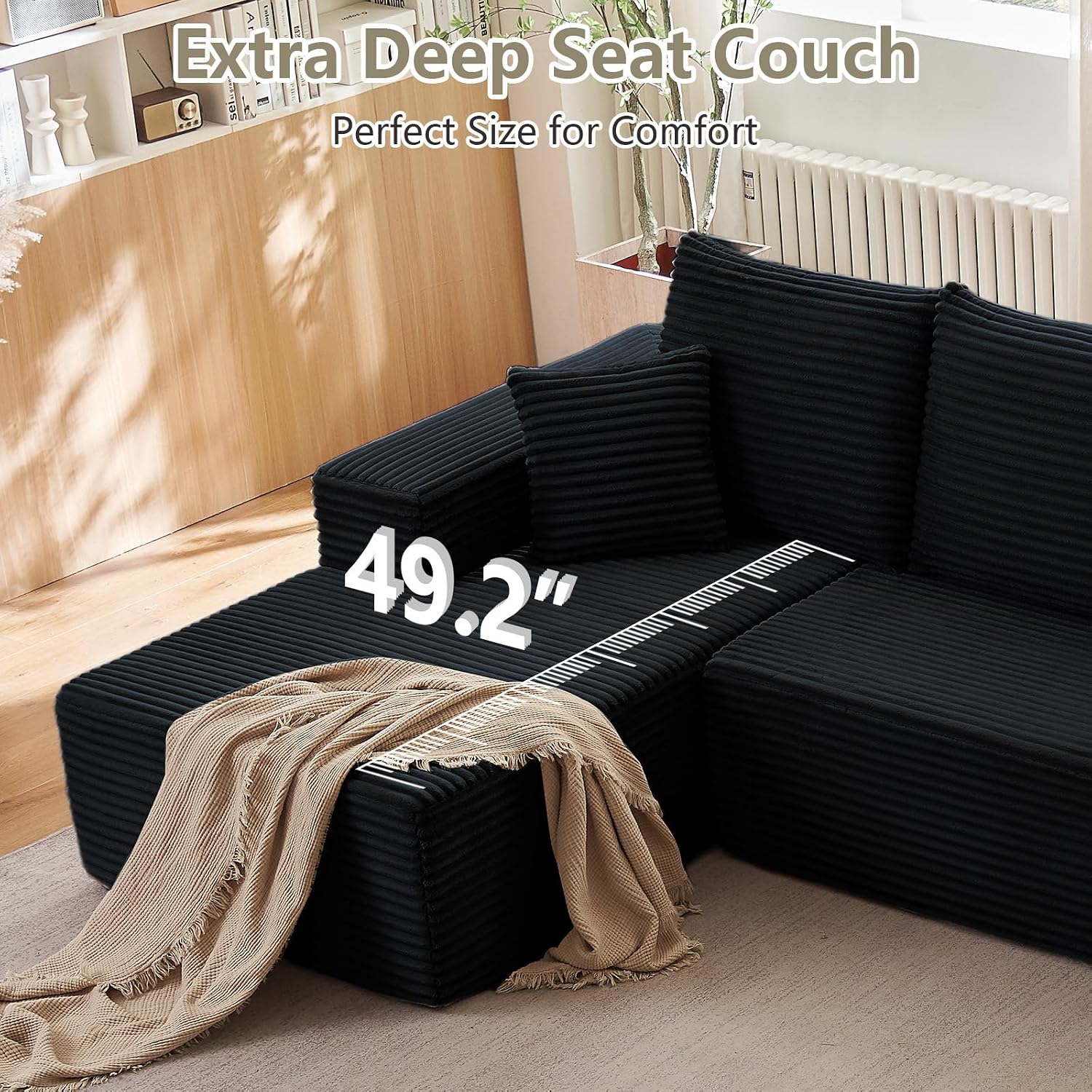 166.9' Cloud Sectional Couch with L-Shape Chaise, Modern Modular Comfy Sofa Chaise Longue, Upholstered Corduroy Couches Sleeper with Deep Seat for Living Room Bedroom, No Assembly Required, Black