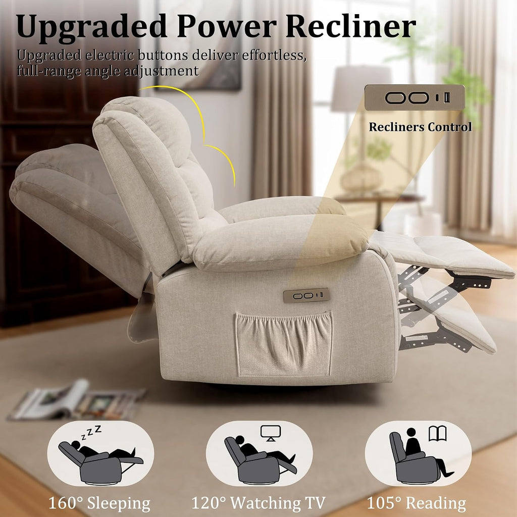 Korser Power Recliner Chair, Electric Rocker Recliner with Massage and Heat, 270° Swivel Glider, Oversized Wide Seat with USB Port, Cashmere Nursery Chair for Living Room, Beige