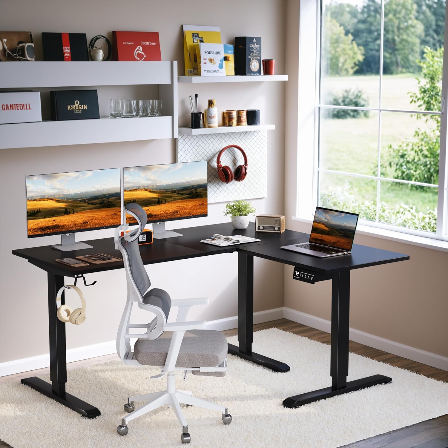 Shahoo L-Shaped Electric Standing Desk, 63 x 48 Inches Height Adjustable Coner Table, Home Office Computer Workstation, Black, 63 x 48 Inch
