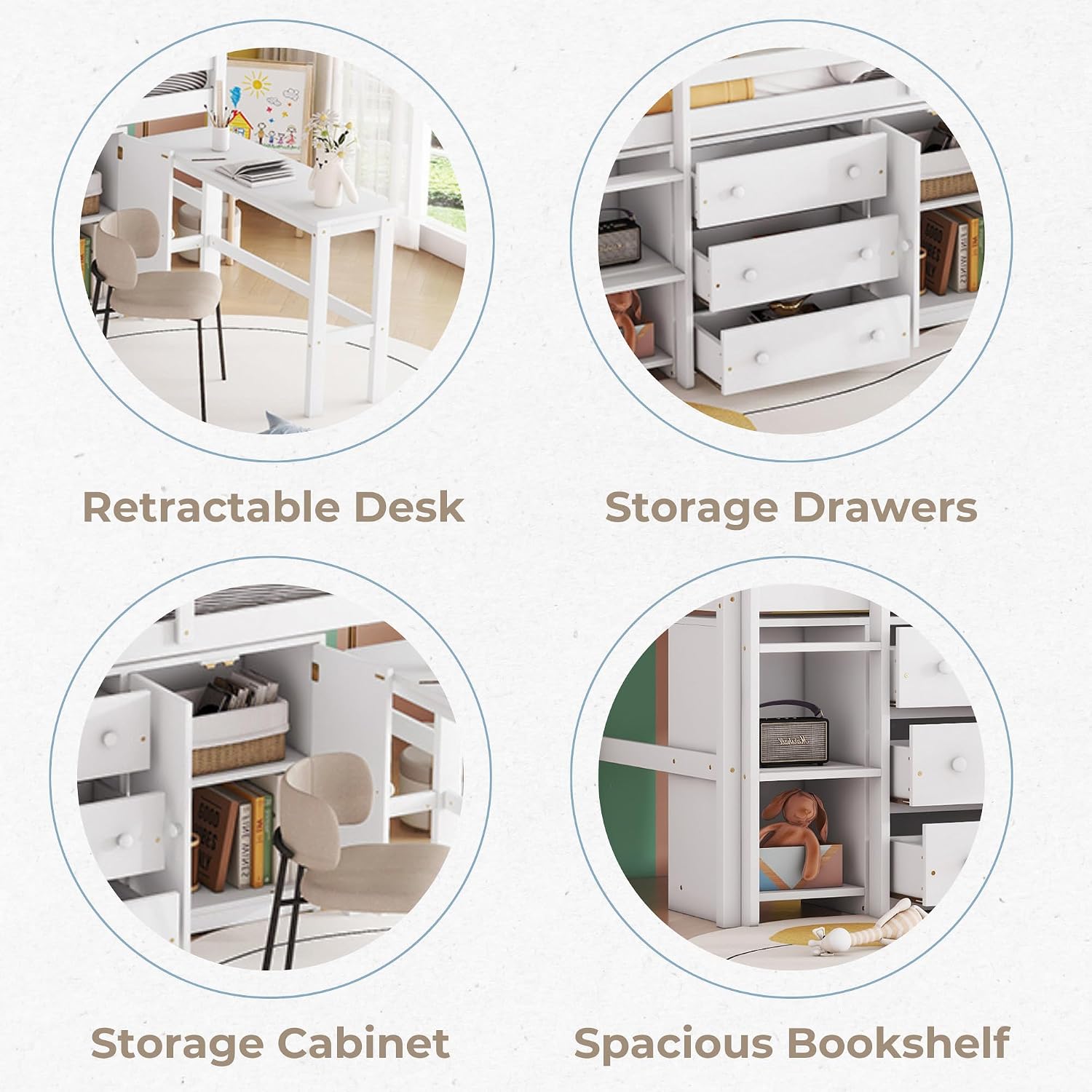 SOFTSEA Twin Size Low Loft Bed with Pull-Out Desk and Drawers, Loft Bed with Cabinet and Shelves, Wood Loft Bed Frame with Support Slats, White
