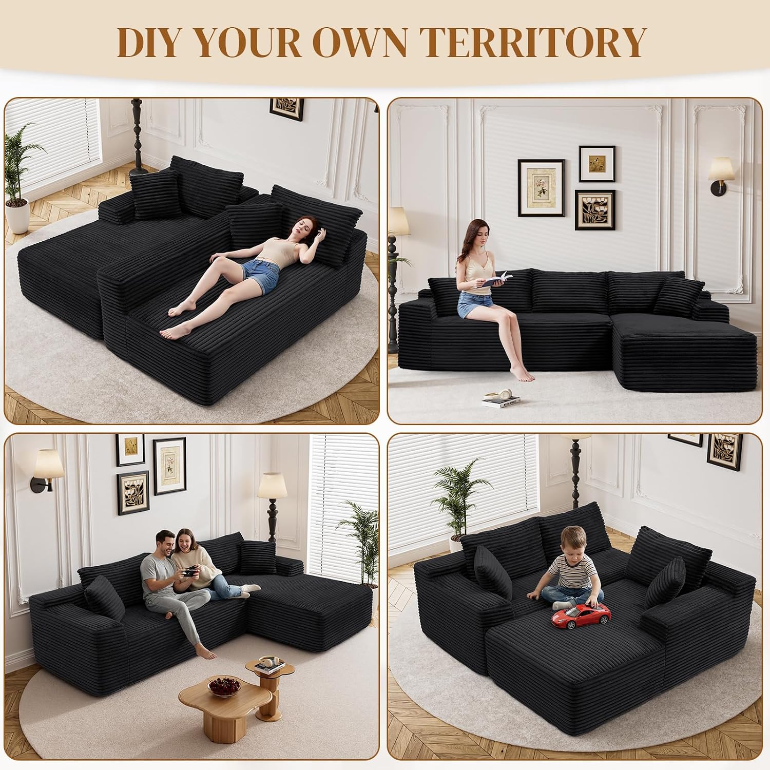 95' L Shaped Boneless Sectional Couches, Wide Armrest, Deep Seat, Memory Foam, Assembly Free, Modern Comfy Corduroy Fluffy Cloud Sofa with Right Chaise for Living Room, Small Spaces, Black