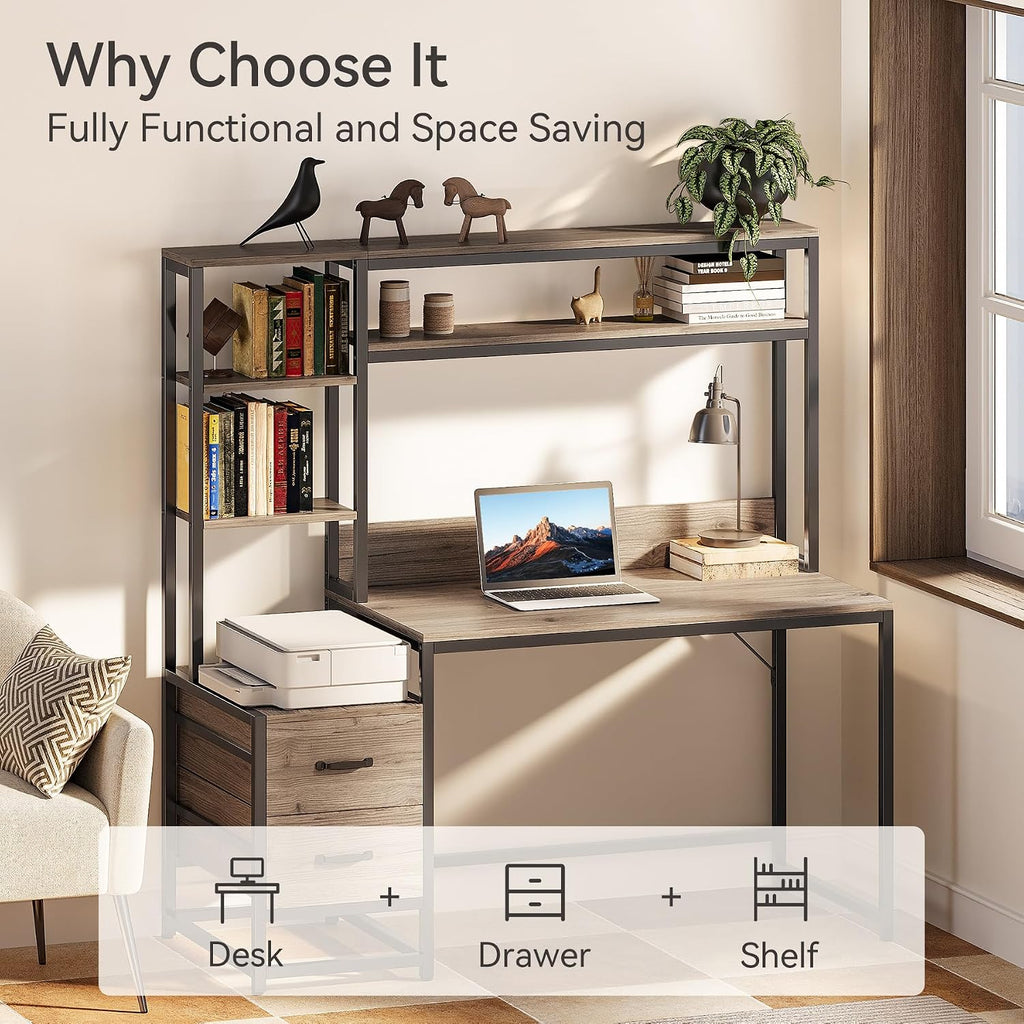 LITTLE TREE Computer Desk with Drawers and Hutch, Small Wooden Writing Desk with Storage Shelves for Bedroom, Rustic Desk for Home Office Desk, Gray