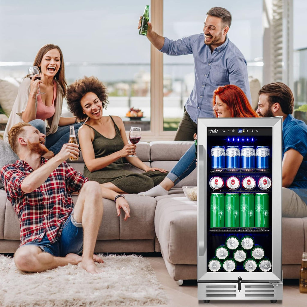 Velivi 15 Inch Beverage Refrigerator and Cooler - 125Cans Capacity Mini Beer Drink Fridge with Glass Door and Lock Under Counter Built-in or Freestanding - for Soda, Beer, Wine - for Home Bar Kitchen