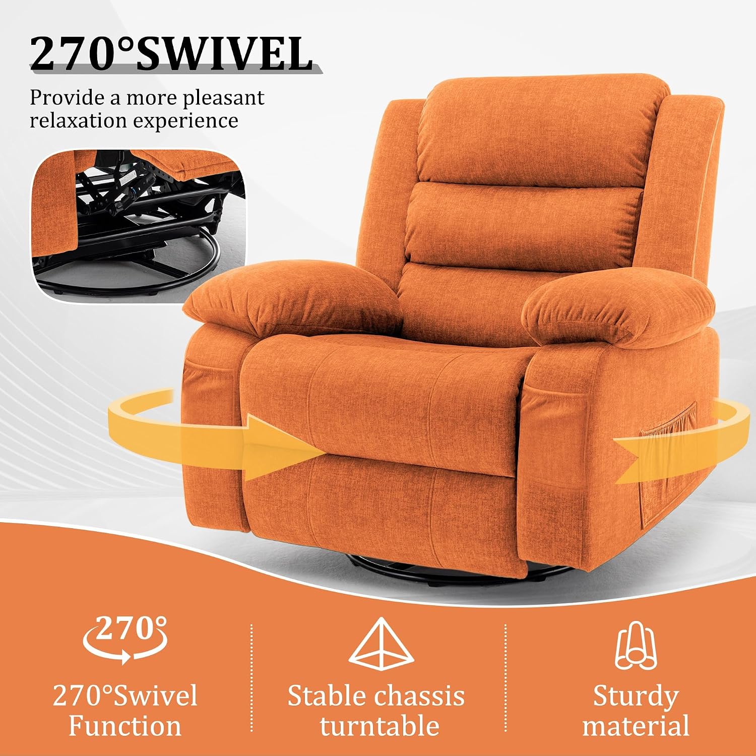Korser Power Recliner Chair, Electric Rocker Recliner with Massage and Heat, 270° Swivel Glider, Oversized Wide Seat with USB Port, Cashmere Nursery Chair for Living Room, Orange