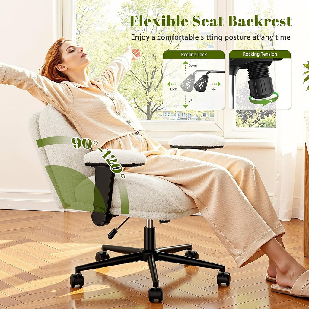 DurayLoly Criss Cross Chair with Wheels,Flip Up Arms,Wide Seat,Teddy Fleece,Adjustable Height,Cross Legged Desk Chair for Bedroom,Dorm,Home Office,White