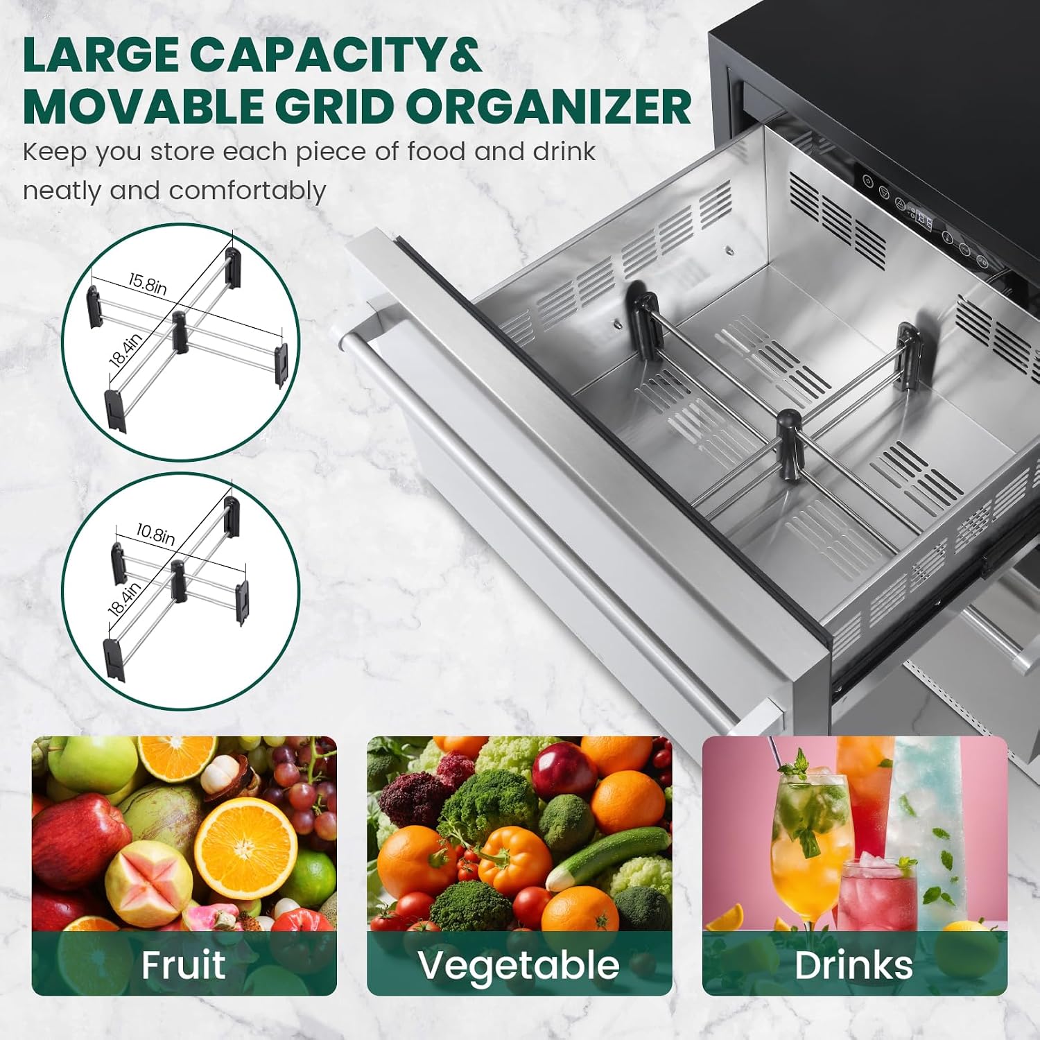 24 Inch Outdoor Drawer Refrigerator, Stainless Steel Door Under Counter Drawer Fridge Freestanding or Built-in, Beverage Cooler Refrigerator for Home Kitchen Commercial,Fast Cool,Low Noise