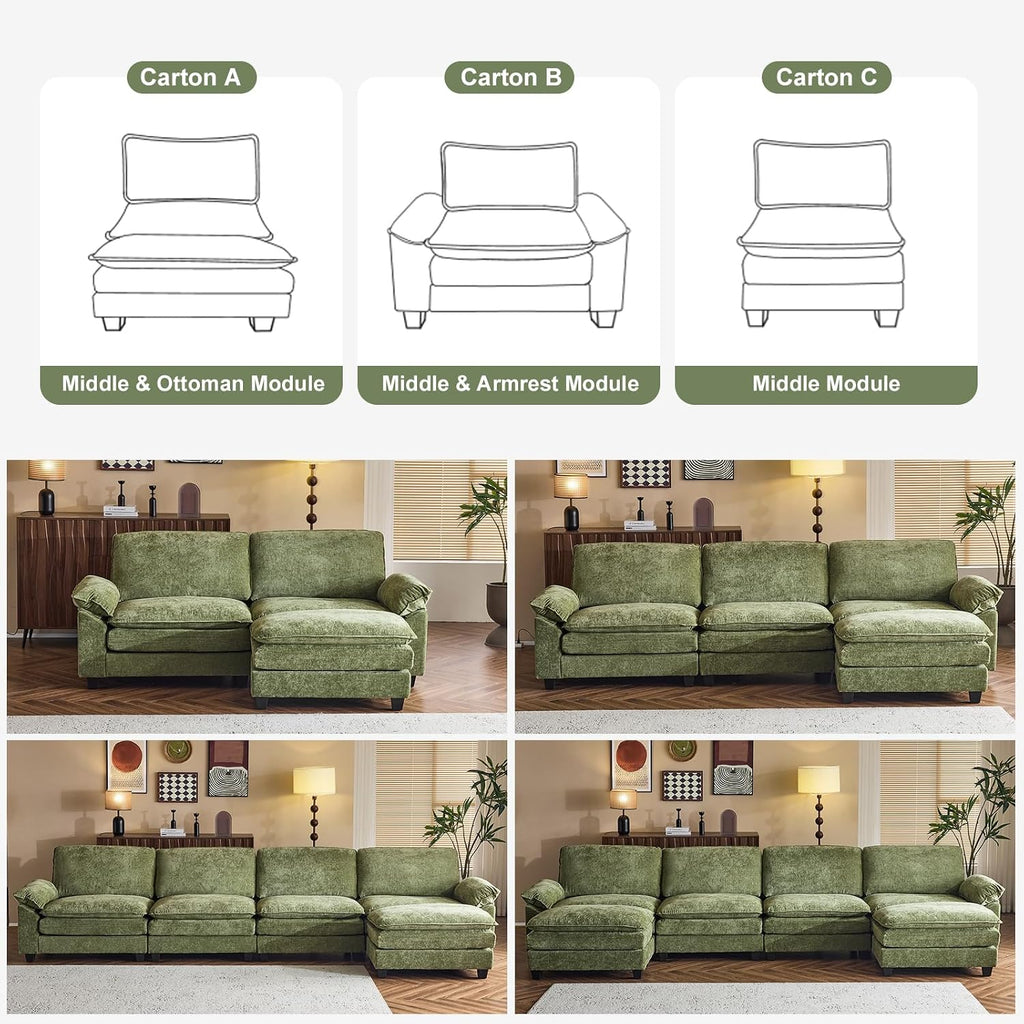 Karl home Sectional Sofa Modular Deep Seat Sofa Couch with Ottoman, Chenille Sofa Sleeper Comfy Upholstered Furniture for Living Room, Apartment, Studio, Office, (3-Seat & 1-Ottoman, Green)