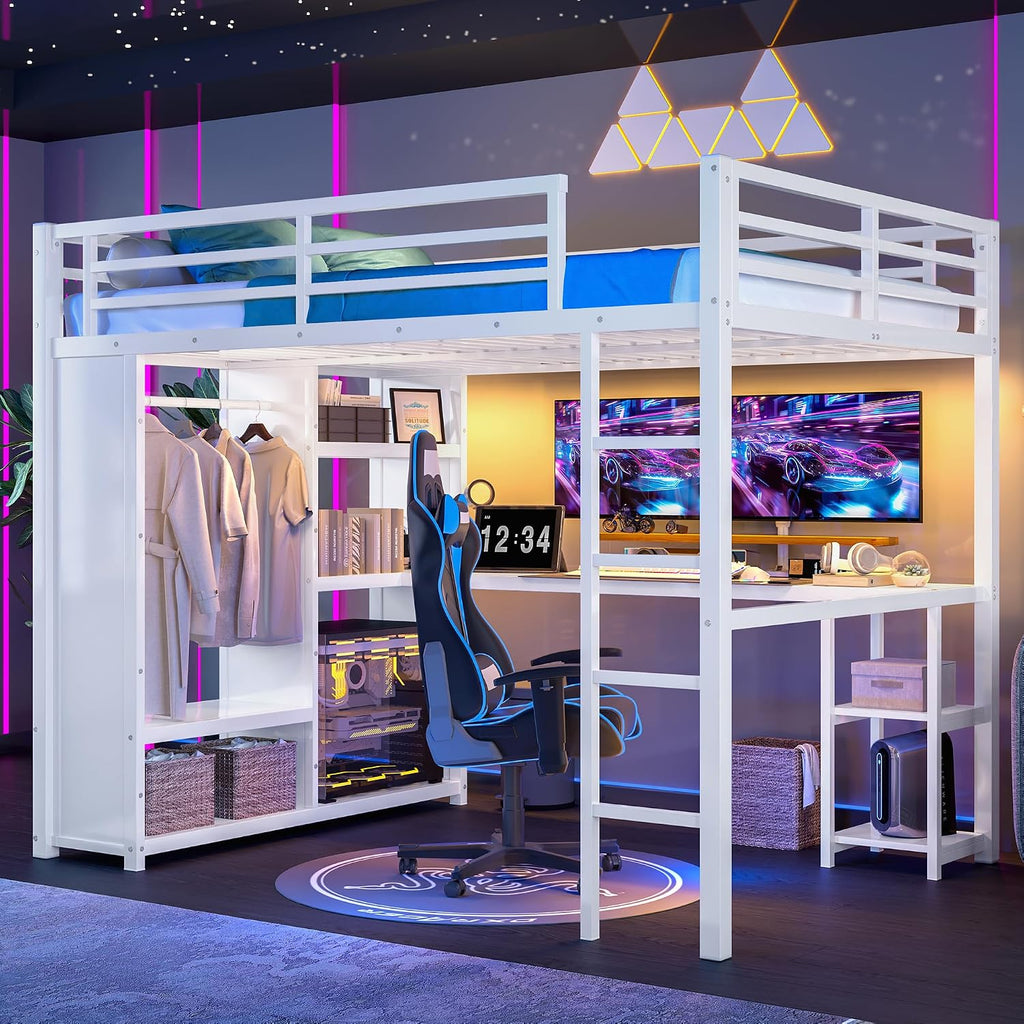 Modern Queen Size Metal Loft Bed Frame with Built-in Wardrobe,Desk and Storage Shelves, for Kids Teens Adults Bedroom Use (White#o, Queen)