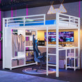 Modern Queen Size Metal Loft Bed Frame with Built-in Wardrobe,Desk and Storage Shelves, for Kids Teens Adults Bedroom Use (White#o, Queen)