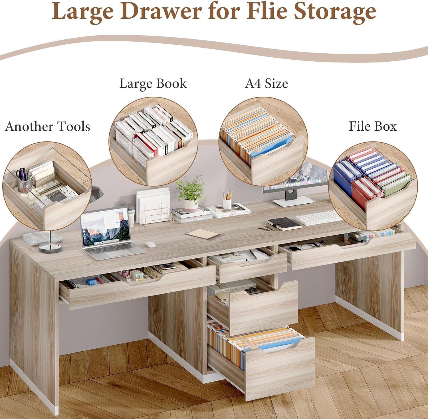 MaverickFurni Two Person Desk with 5 Drawers, Double Desk with Storage for 2 People, 78 Inch Extra Long Computer Desk Workstation with File Drawer for Home Office, White and Walnut