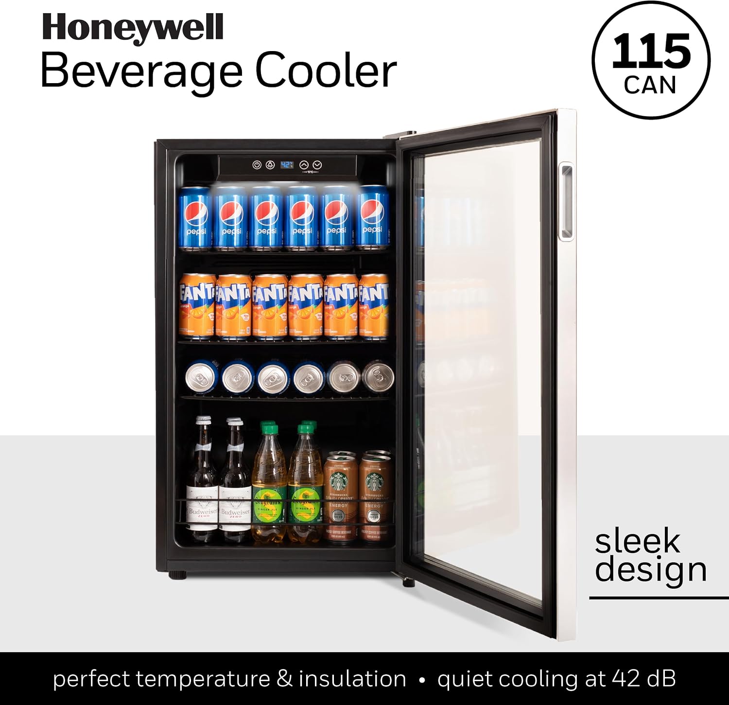 Honeywell Beverage Refrigerator and Cooler, 115 Can Mini Fridge with Glass Door for Soda Beer or Wine for Office & Mind Reader SNACKCAR Supreme Snack organizer, 14 x 14.5 Round, Black