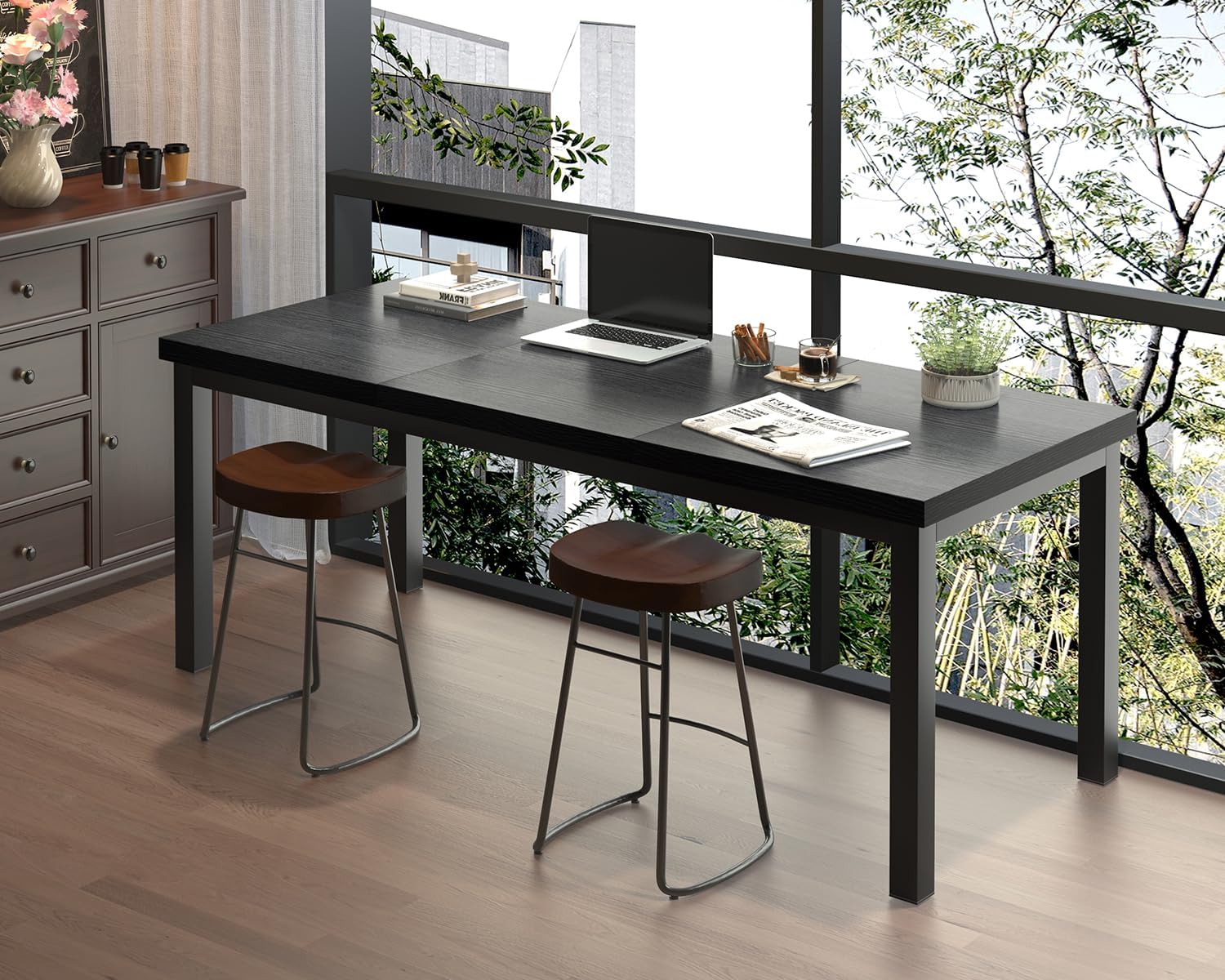 63 Inch Large Computer Desk, Modern Office Desk with Adjustable Feet, Gaming Desk with Deep Desktop, Study Writing Table for Home Office, Work from Home, Easy Assembly, Black