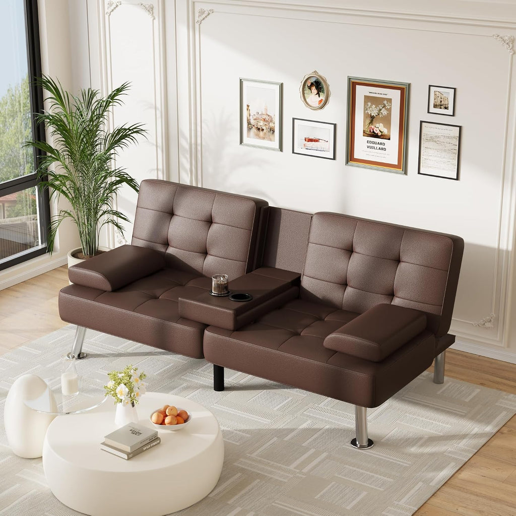 Furmax Futon Sofa Bed Adjustable Futon Couch Sleeper Sofa Bed for Living Room, Business Office, Recliner Sofas with Cup Holders (PU Leather, Brown)
